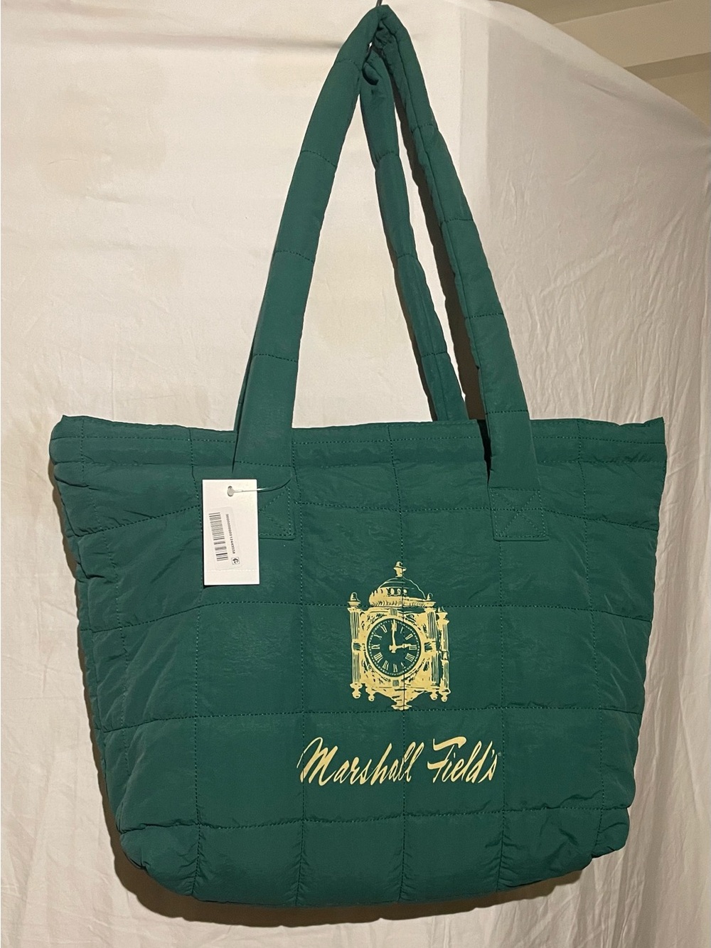 Marshall Field's Emerald Quilted Tote with Clock Motif